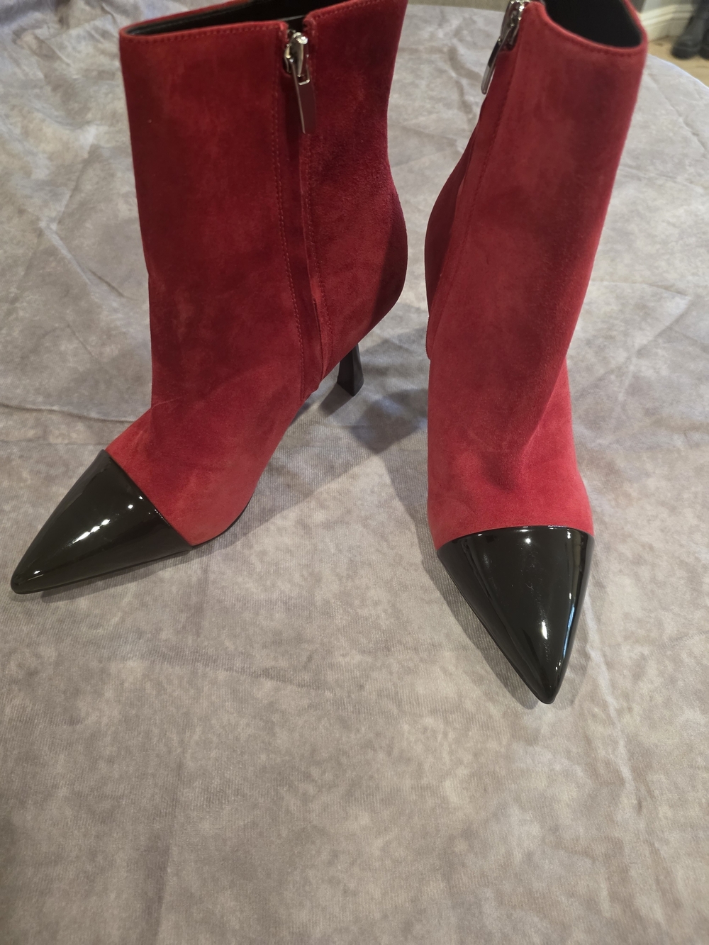 Nine West Red Suede Ankle Boots with Black Patent Pointed Toe